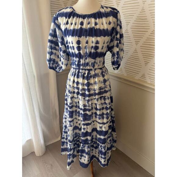 Mango MNG Women’s Size 8 Medium Blue White Cotton Puff Sleeve Midi Maxi Dress - Picture 3 of 7